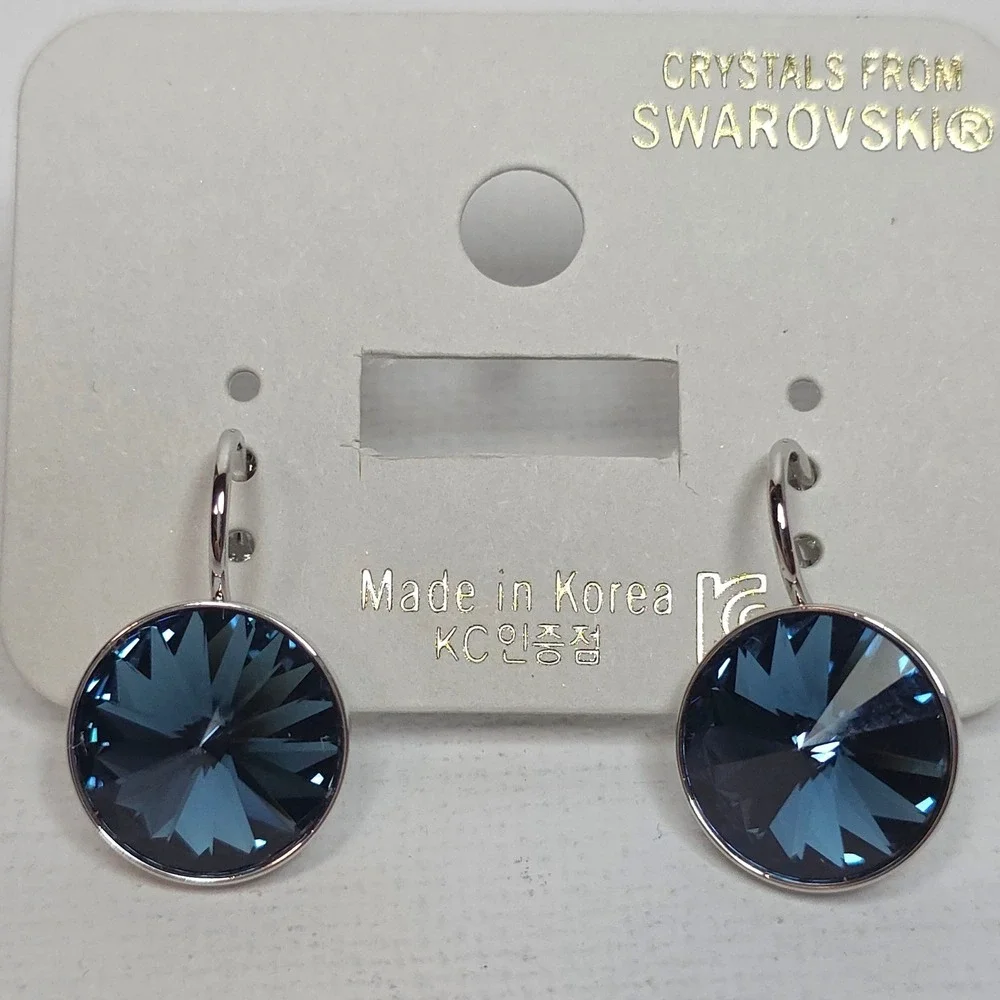 NEW Swarovski Montana BlueRound 13mm Leverback Drop Earrings Platinum Plated #3